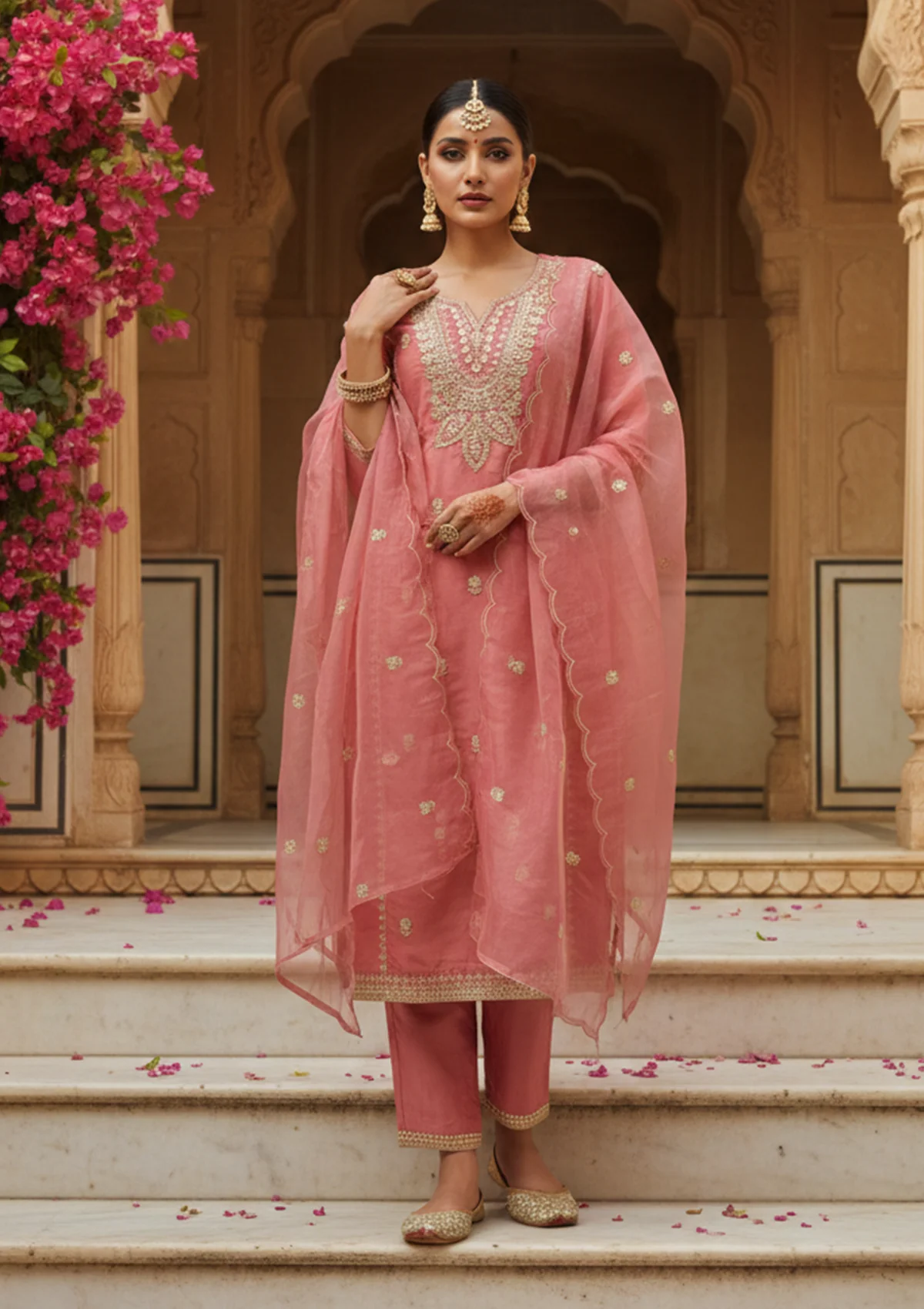 Gajari Pink Art Silk Cording Straight Kurta With Pant Regular And Dupatta